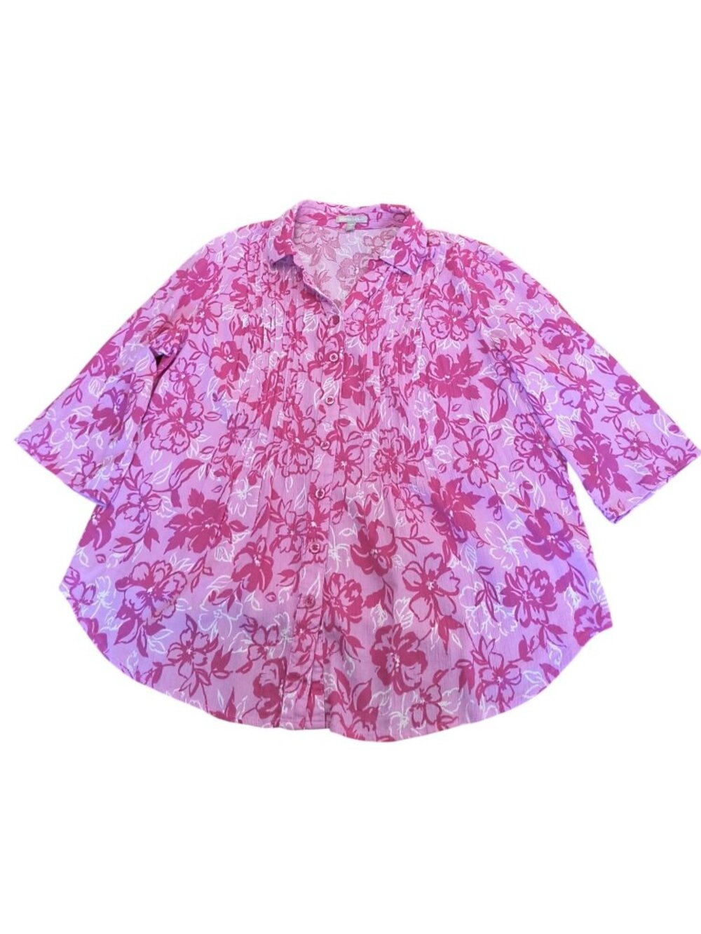 Woman Within Pink Floral Button-Up Blouse 1X 22/24 Cotton Pleated Front